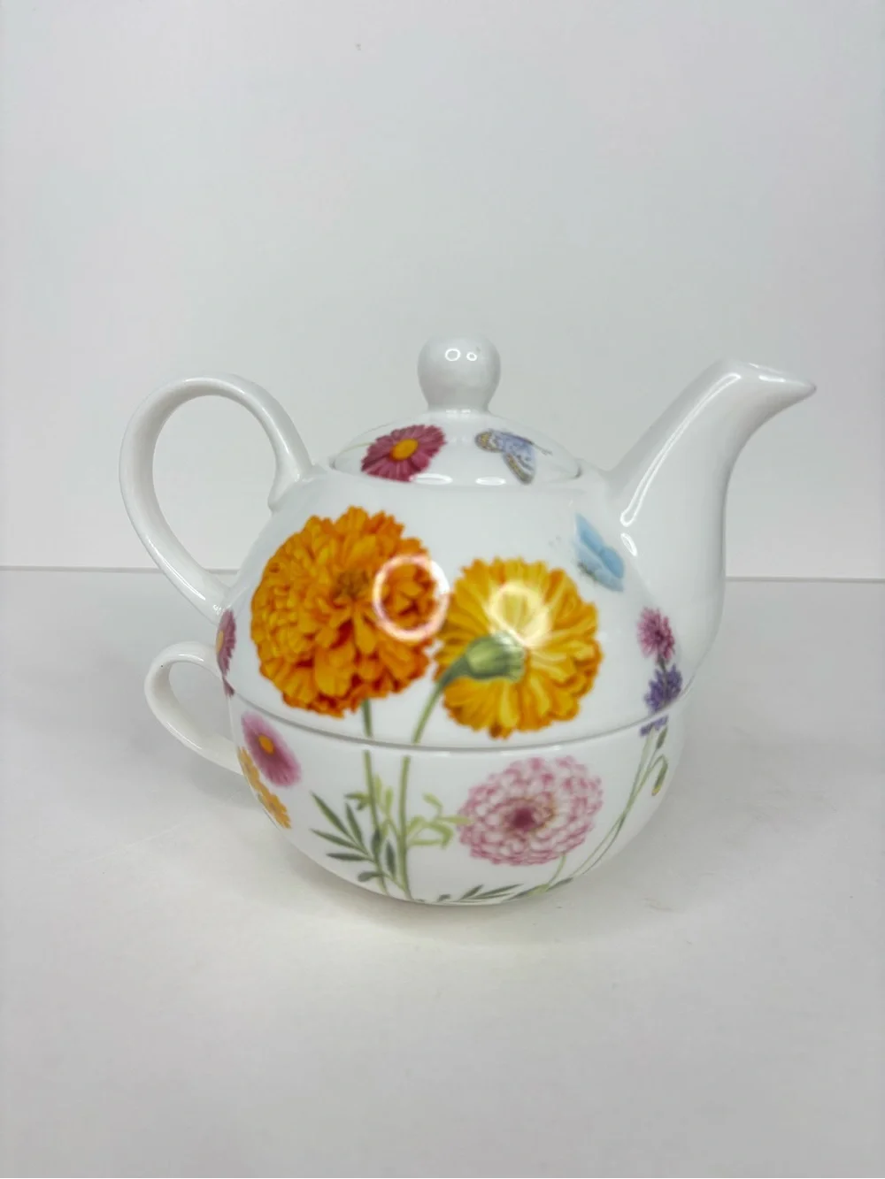 Gracie China Floral Ceramic Tea for One Set with Yellow Marigold Motif Pot & Cup